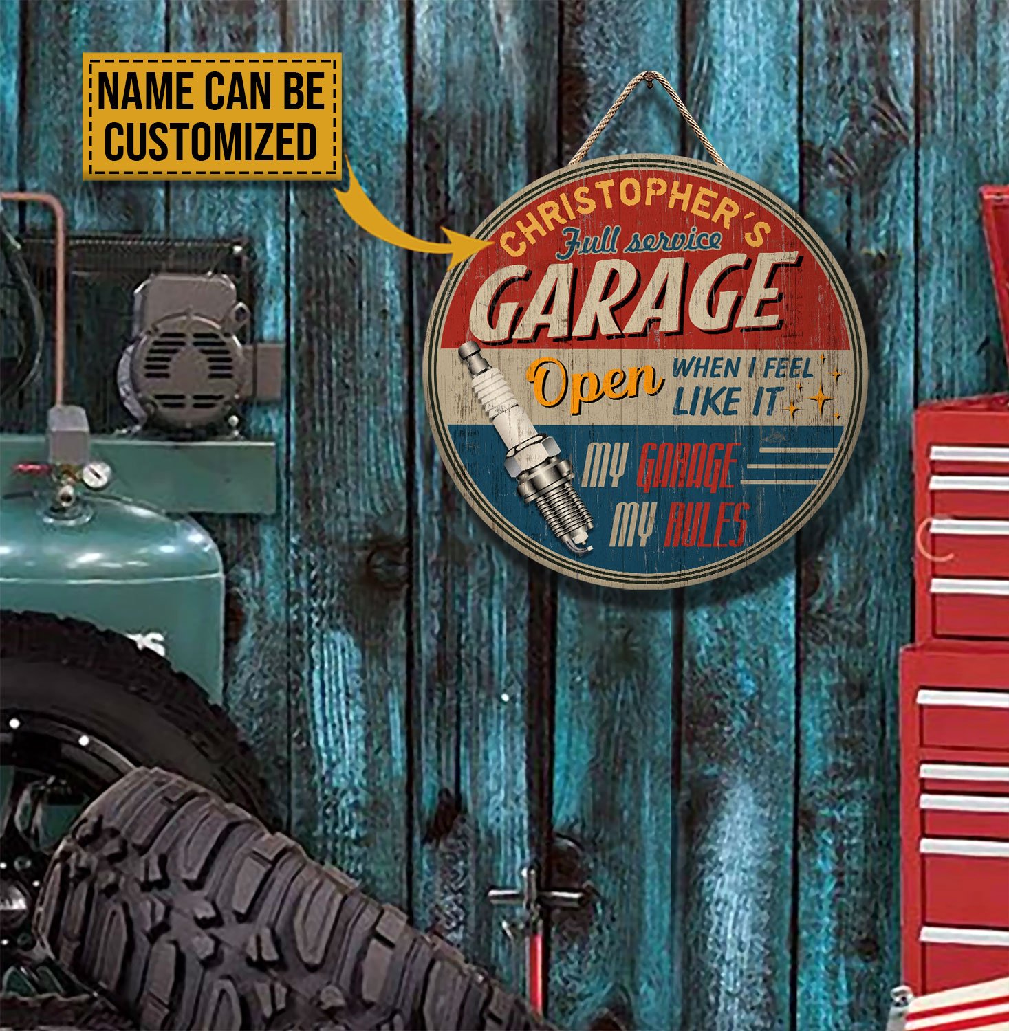 Personalized-Garage-My-Rules-Customized-Wood-Circle-Sign Personalized Garage My Rules Customized Wood Circle Sign