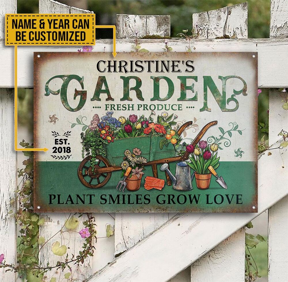 Personalized Garden Fresh Plant Smiles Grow Love Vintage Customized Classic Metal Signs