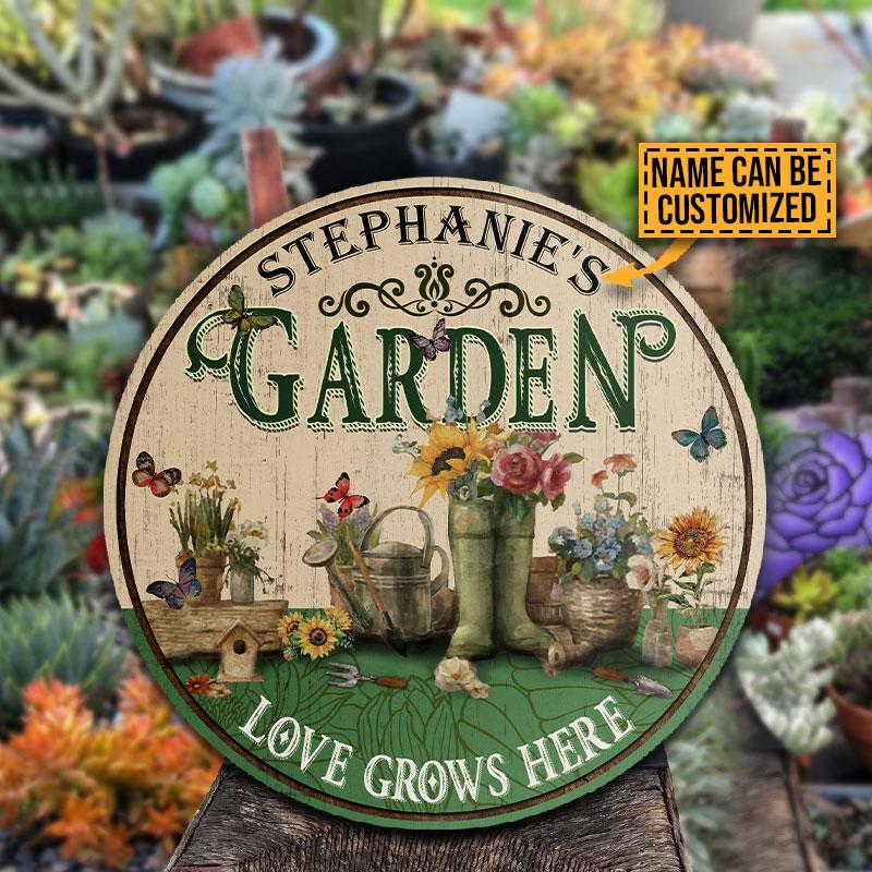 Personalized Garden Love Grow Here Customized Wood Circle Sign