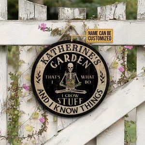 Personalized Gardening Skeleton Grow Stuff Customized Wood Circle Sign 2