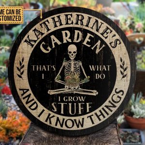 Personalized Gardening Skeleton Grow Stuff Customized Wood Circle Sign