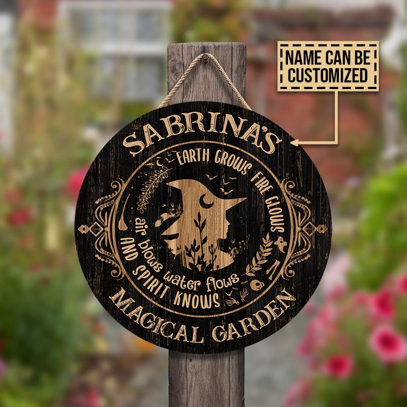 Personalized Gardening Witch Magical Garden Customized Wood Circle Sign