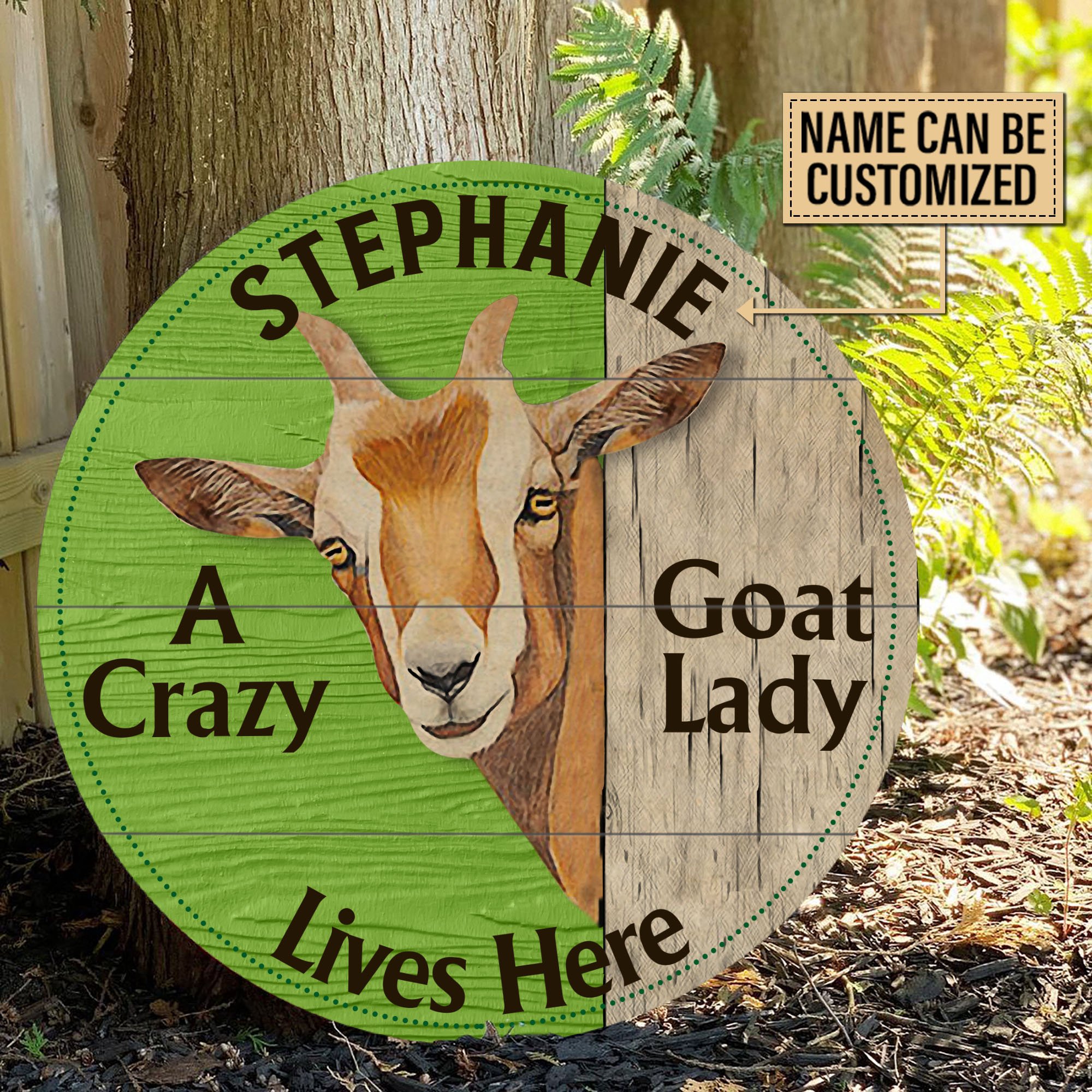 Personalized Goat Lady Lives Here Customized Wood Circle Sign