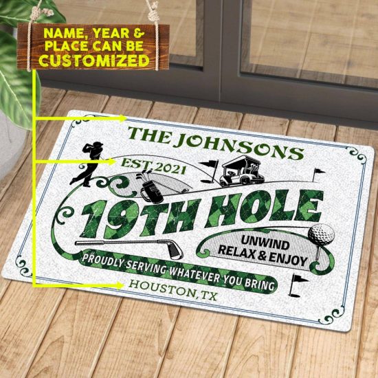 Personalized Golf 19th Hole Custom Name Date Doormat Welcome Mat