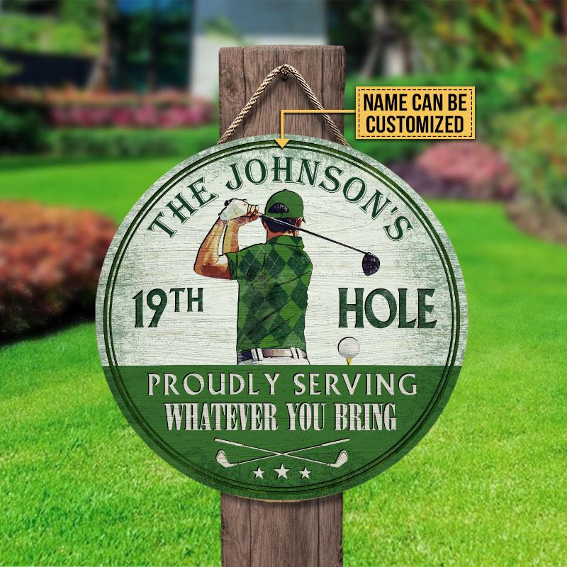 Personalized Golf 19th Hole Proudly Serving Green Customized Wood Circle Sign