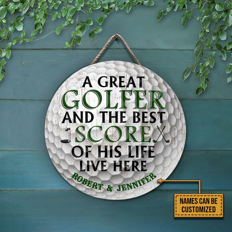 Personalized Golf Ball Couple Golfer Best Score Live Customized Wood Circle Sign