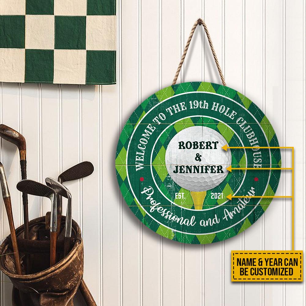 Personalized Golf Couple 19th Customized Wood Circle Sign