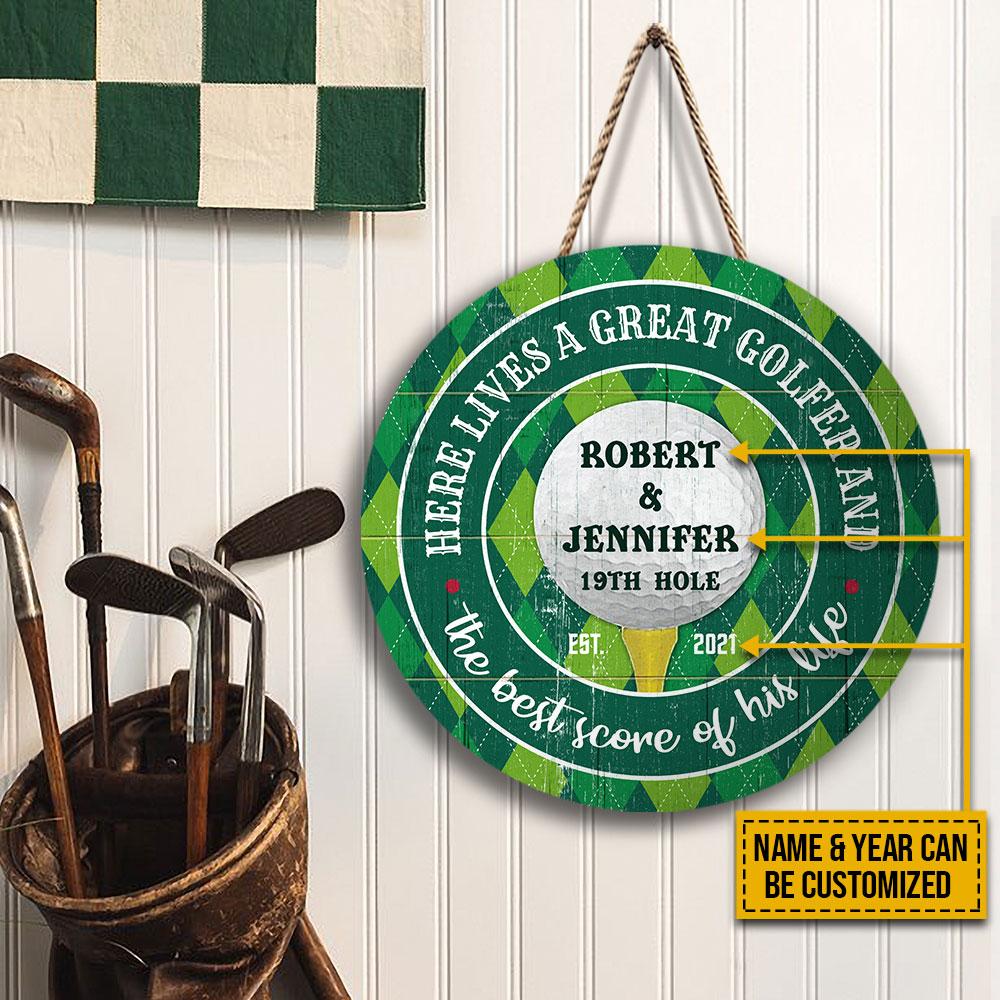 Personalized Golf Couple 19th Hole Customized Wood Circle Sign
