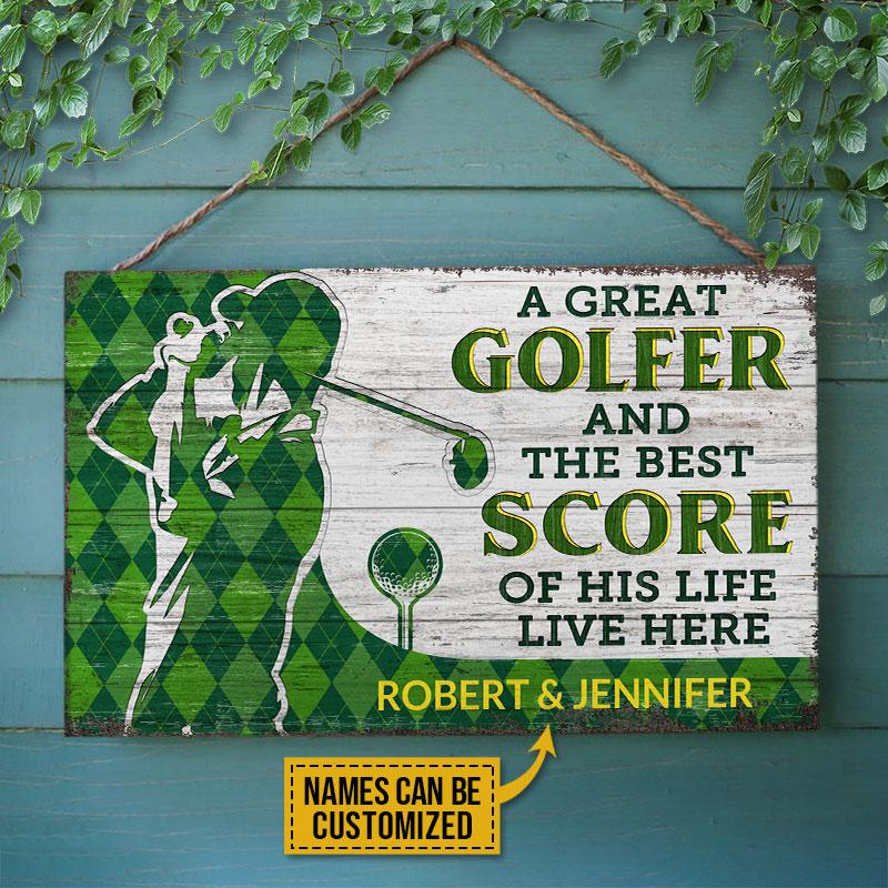 Personalized Golf Couple Golfer Best Score Live Customized Wood Rectangle Sign