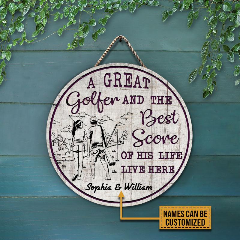 Personalized Golf Couple Golfer Live Here Sketch Customized Wood Circle Sign