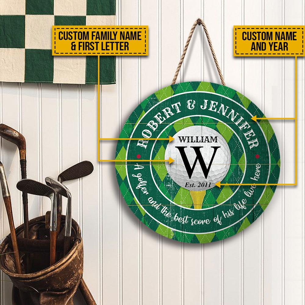 Personalized Golf Couple Live Here Customized Wood Circle Sign
