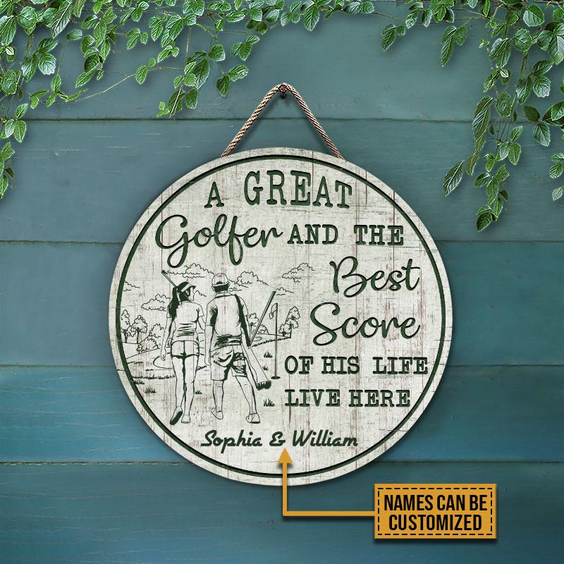 Personalized Golf Green Couple Golfer Live Here Sketch Customized Wood Circle Sign