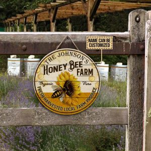 Personalized Honey Bee Farm Fresh Harvested Customized Wood Circle Sign 1