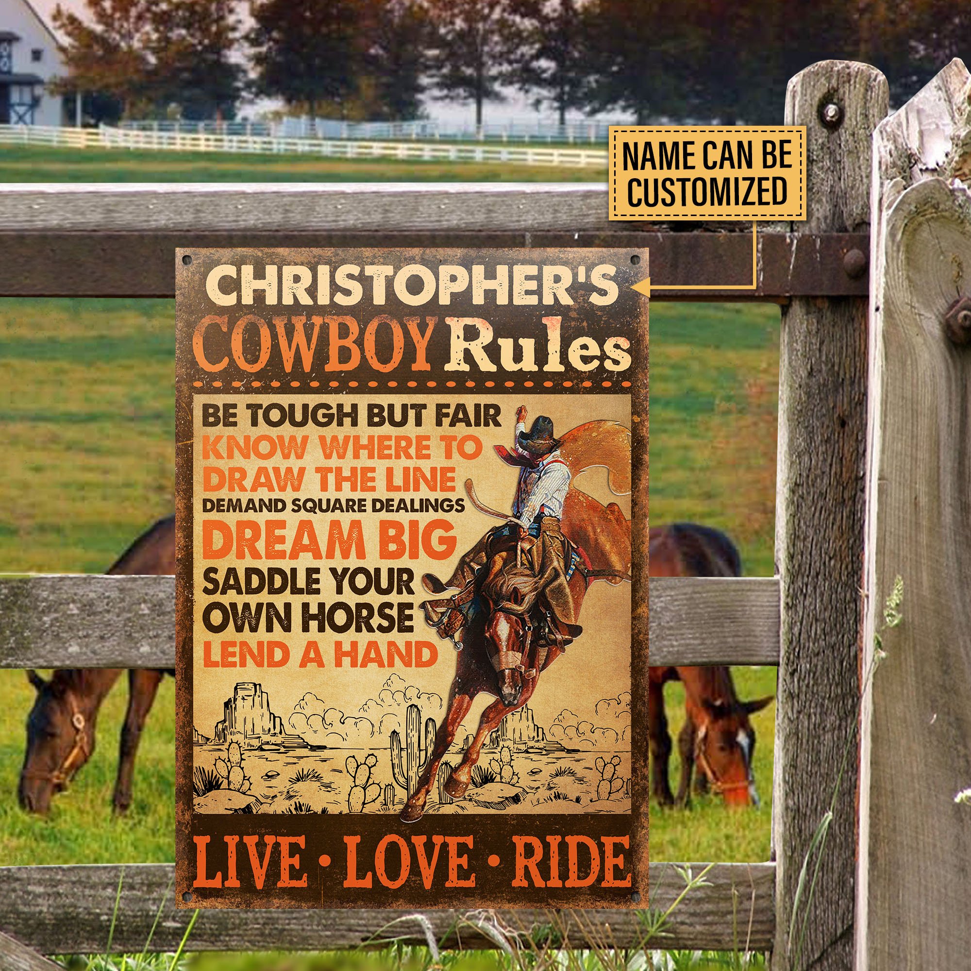 Personalized Horse Cowboy Rules Customized Classic Metal Signs