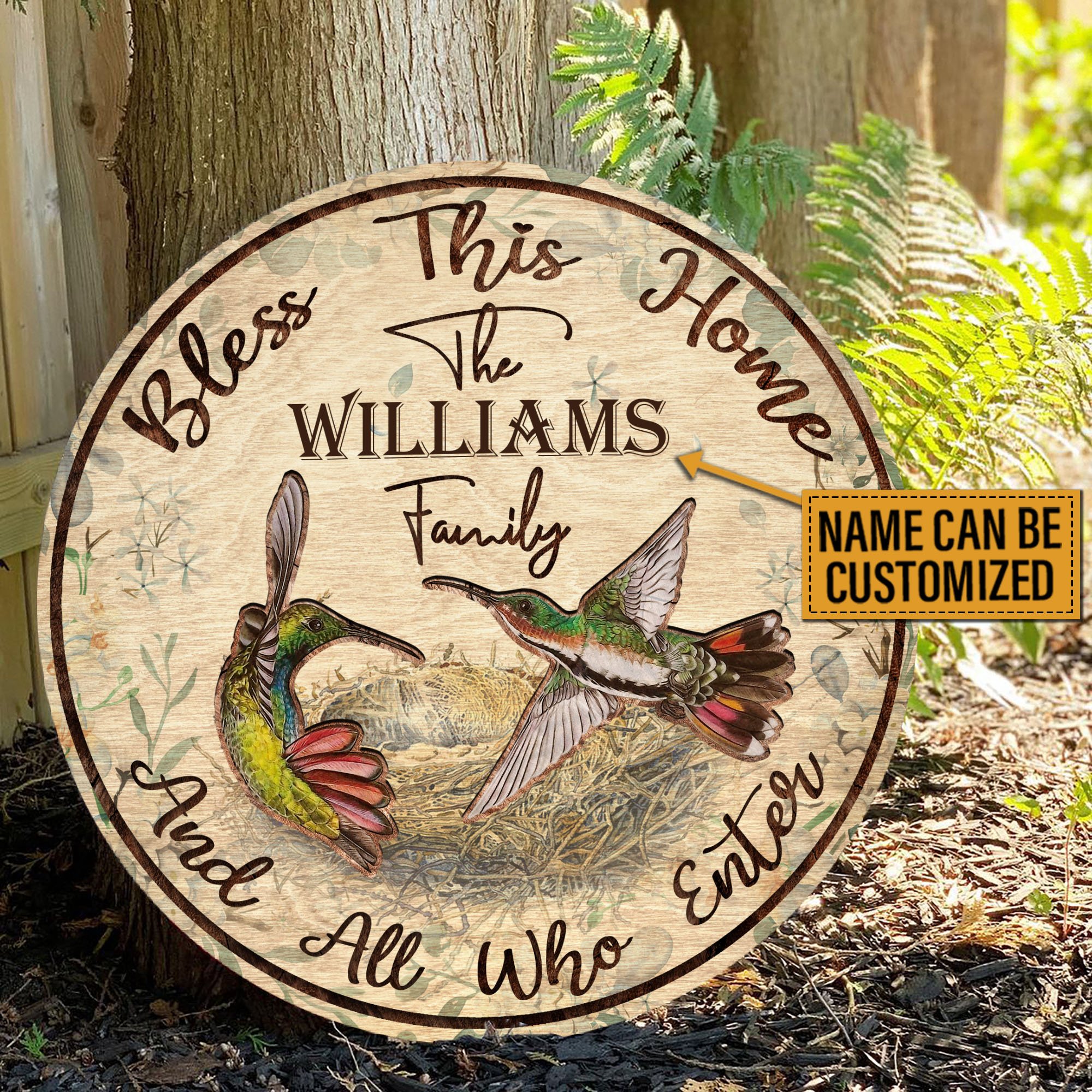 Personalized Hummingbird Bless Customized Wood Circle Sign