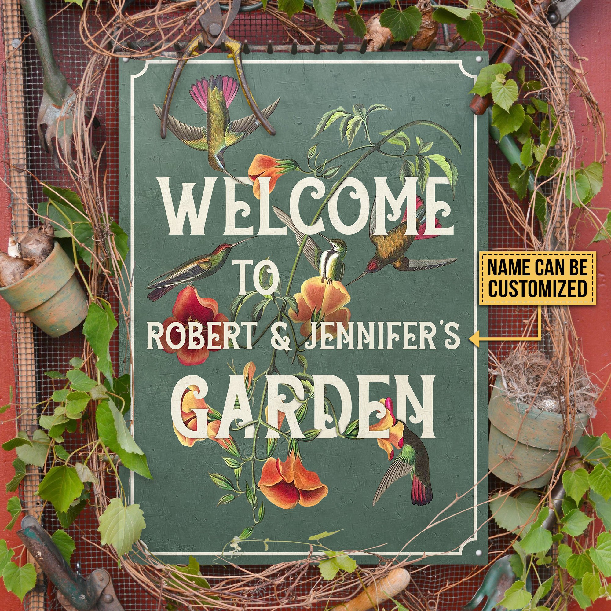 Personalized Hummingbird Flower Garden Customized Classic Metal Signs