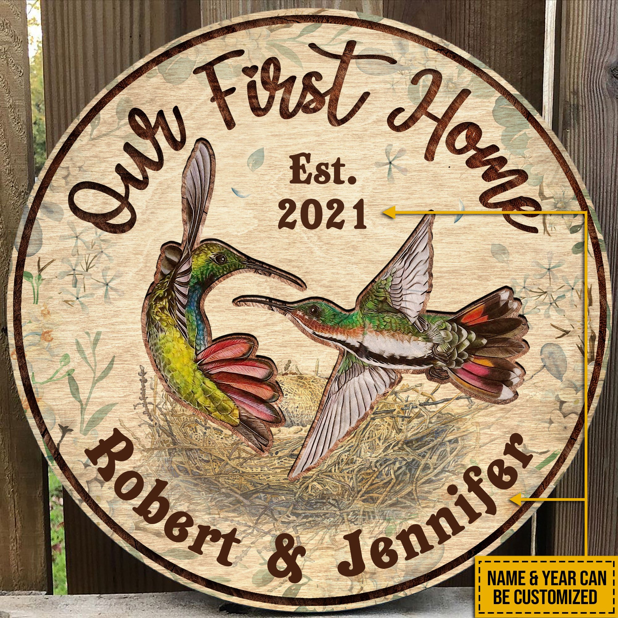Personalized Hummingbird Our First Home Customized Wood Circle Sign