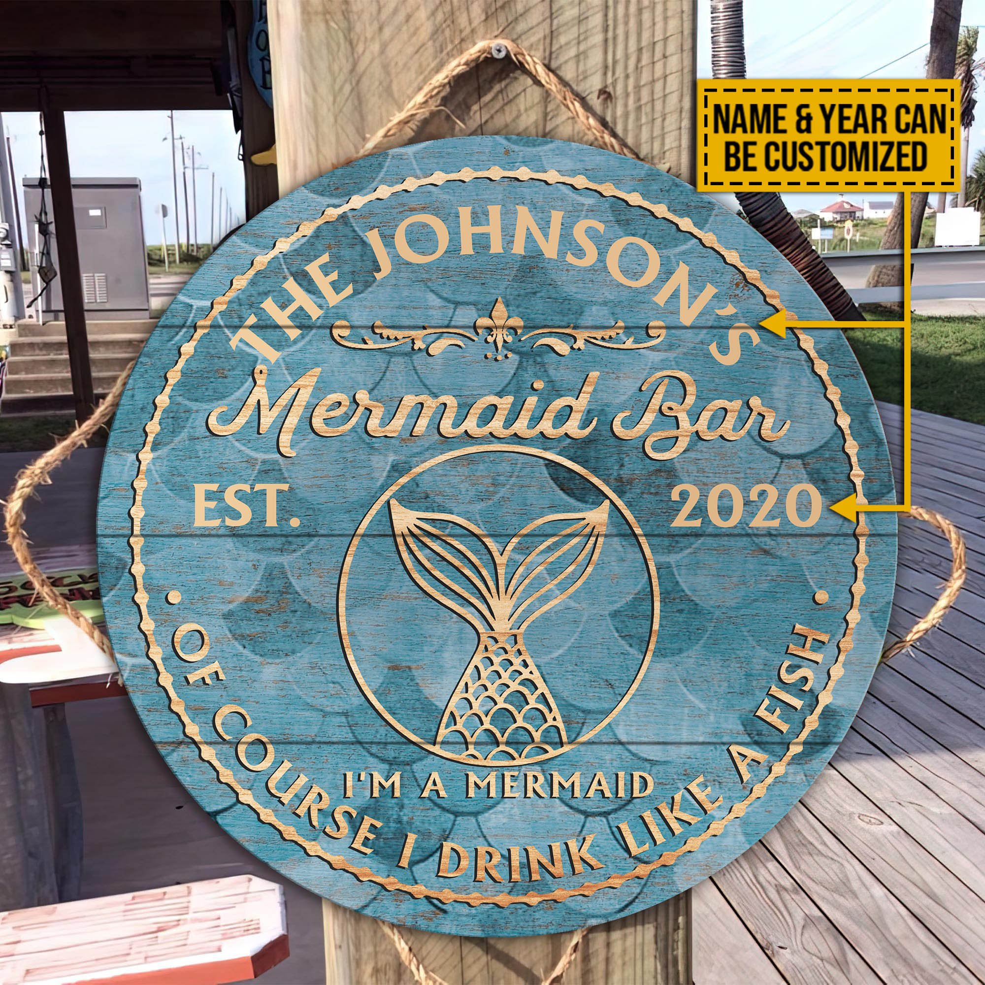 Personalized Mermaid Bar Customized Wood Circle Sign