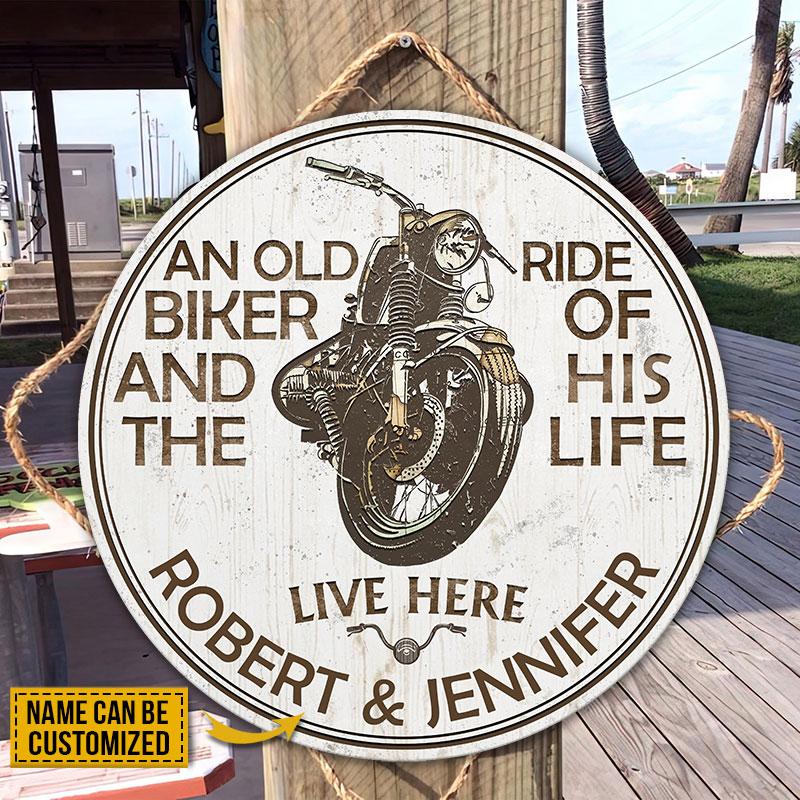 Personalized Motor Biker Couple Live Here Customized Wood Circle Sign