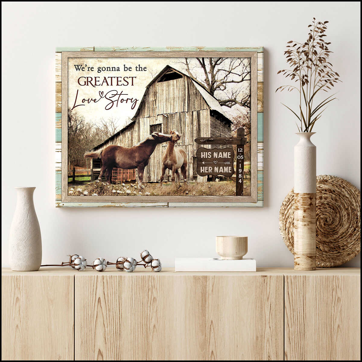 Personalized Old Barn And Couple Kissing Horses We Were Gonna Be The Greatest Love Story Custom Sign Name And Date Farmhouse Canvas Prints Wall Art Decor