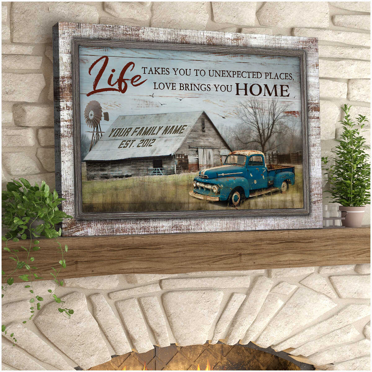Personalized Old Barn And Rustic Truck Life Takes You To Unexpected Places Love Brings You Home Custom Name And Date Farmhouse Canvas Prints Wall Art Decor