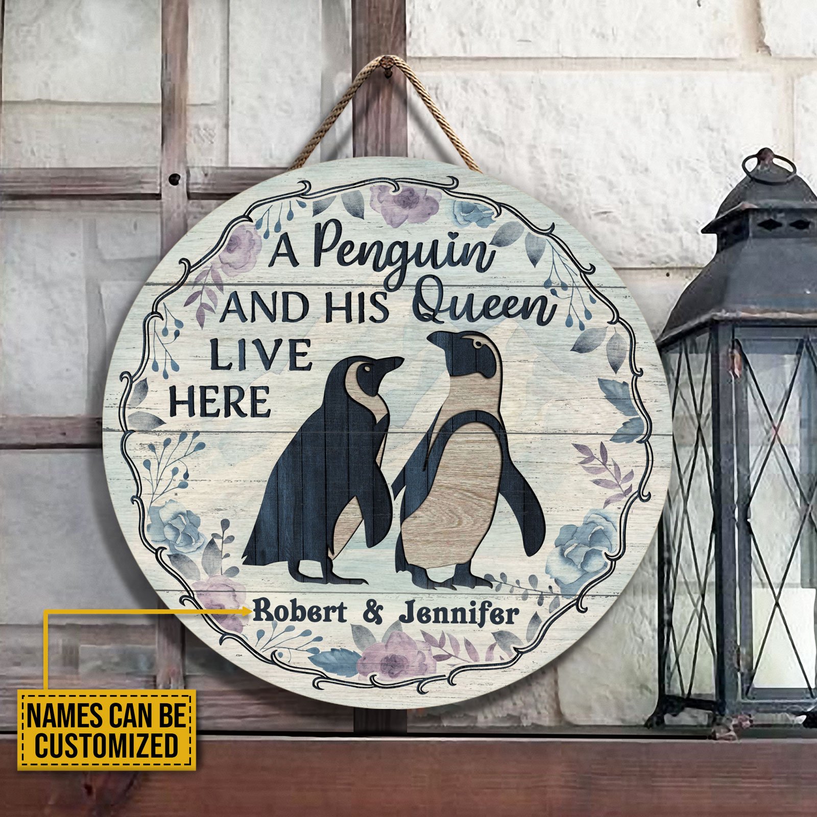 Personalized Penguin Couple Live Here Customized Wood Circle Sign