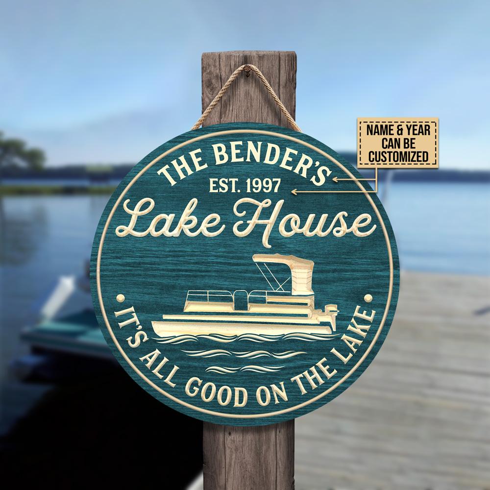 Personalized Pontoon It's All Good On The Lake Customized Wood Circle Sign