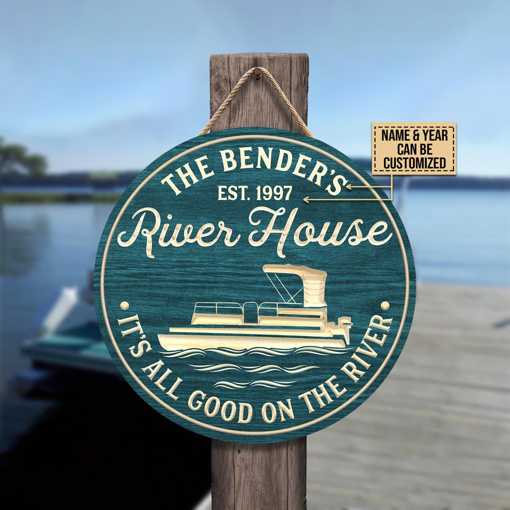 Personalized Pontoon It's All Good On The River Customized Wood Circle Sign