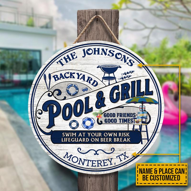 Personalized Pool Grilling Backyard At Your Own Risk Custom Wood Circle Sign
