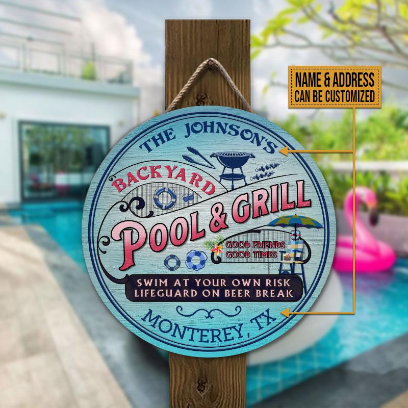 Personalized Pool Grilling Backyard At Your Own Risk Pink Blue Custom Wood Circle Sign