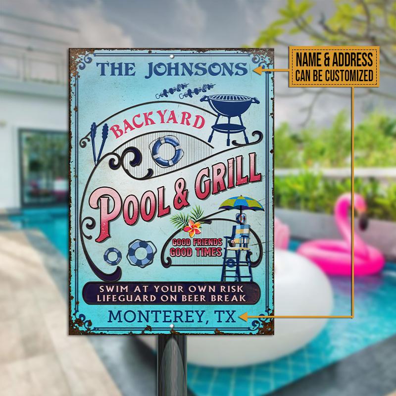 Personalized Pool Grilling Backyard At Your Own Risk Pink Blue Vertical Custom Classic Metal Signs