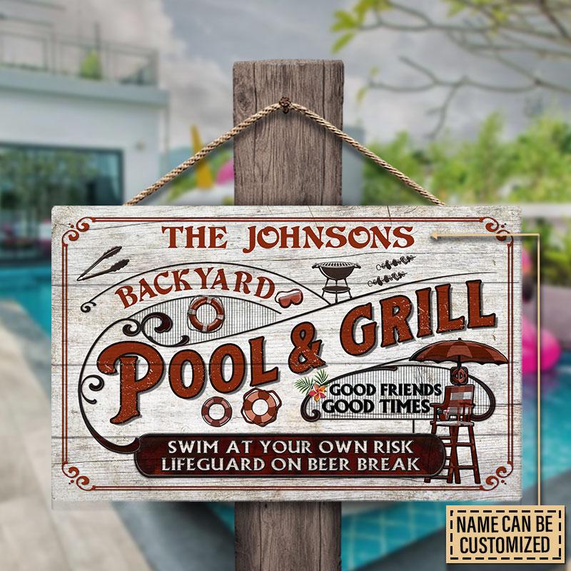 Personalized-Pool-Grilling-Backyard-At-Your-Own-Risk-Red-Custom-Wood-Rectangle-Sign-2 Personalized Pool Grilling Backyard At Your Own Risk Red Custom Wood Rectangle Sign 2