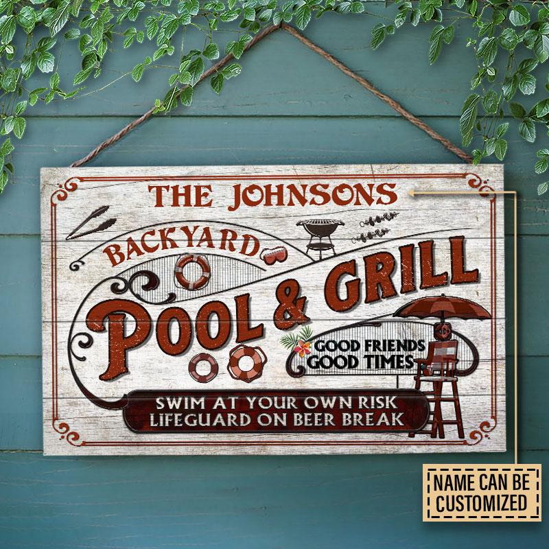 Personalized-Pool-Grilling-Backyard-At-Your-Own-Risk-Red-Custom-Wood-Rectangle-Sign-3 Personalized Pool Grilling Backyard At Your Own Risk Red Custom Wood Rectangle Sign 3