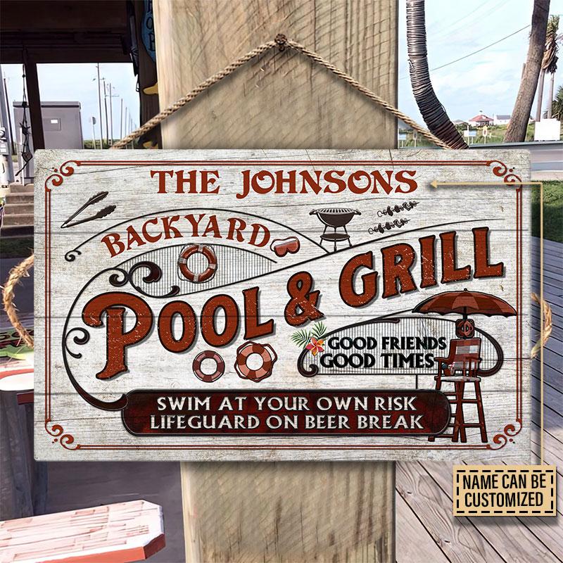 Personalized-Pool-Grilling-Backyard-At-Your-Own-Risk-Red-Custom-Wood-Rectangle-Sign Personalized Pool Grilling Backyard At Your Own Risk Red Custom Wood Rectangle Sign
