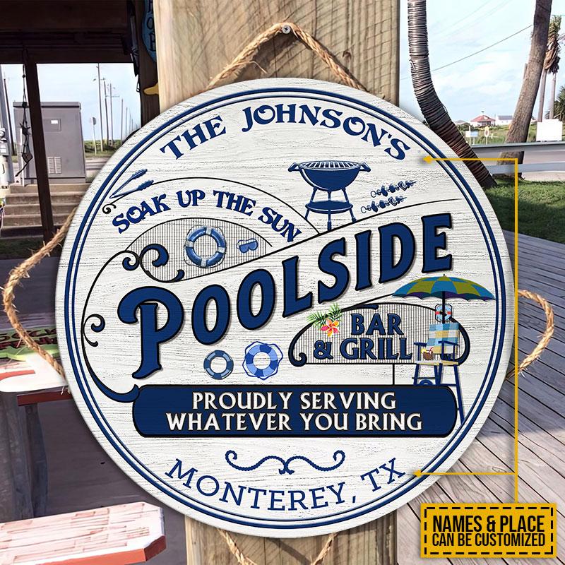 Personalized Pool Poolside Bar & Grill Custom Wood Circle Sign
