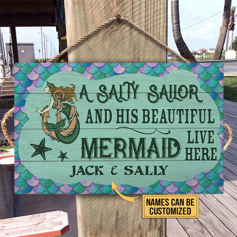 Personalized Sailor Mermaid Live Here Customized Wood Rectangle Sign