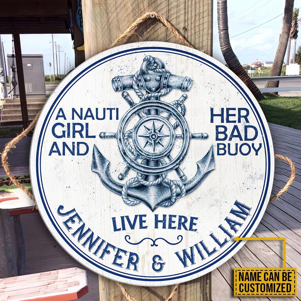 Personalized Sailor Nauti Girl Bad Buoy Customized Wood Circle Sign