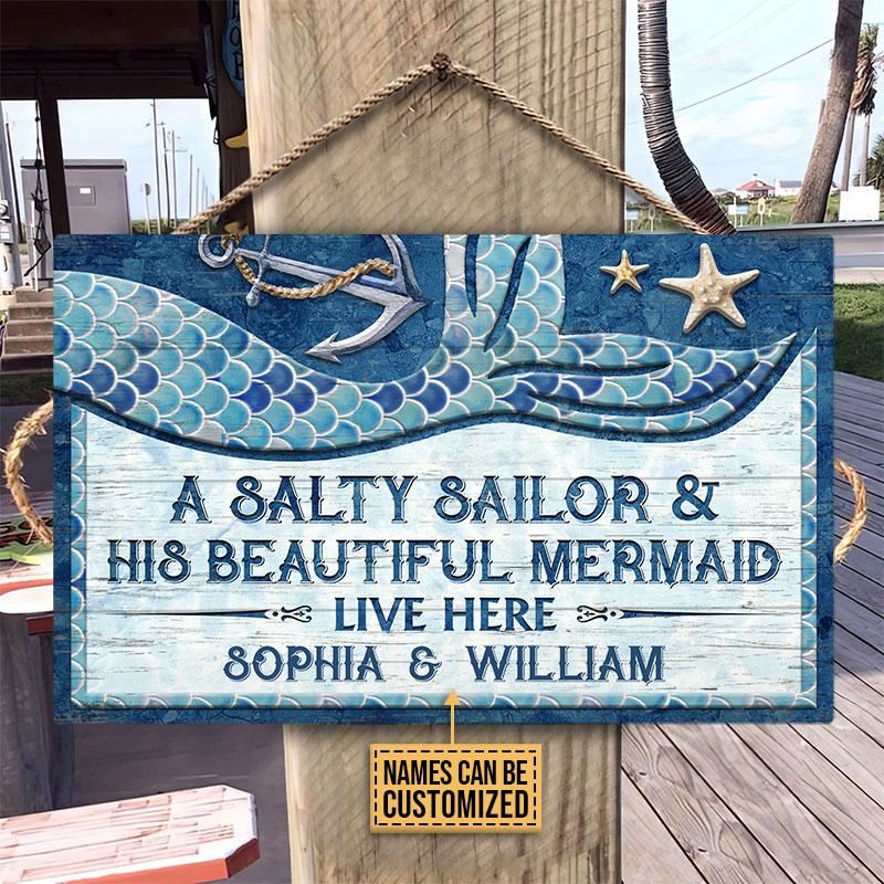 Personalized Salty Sailor Mermaid Live Here Customized Wood Rectangle Sign