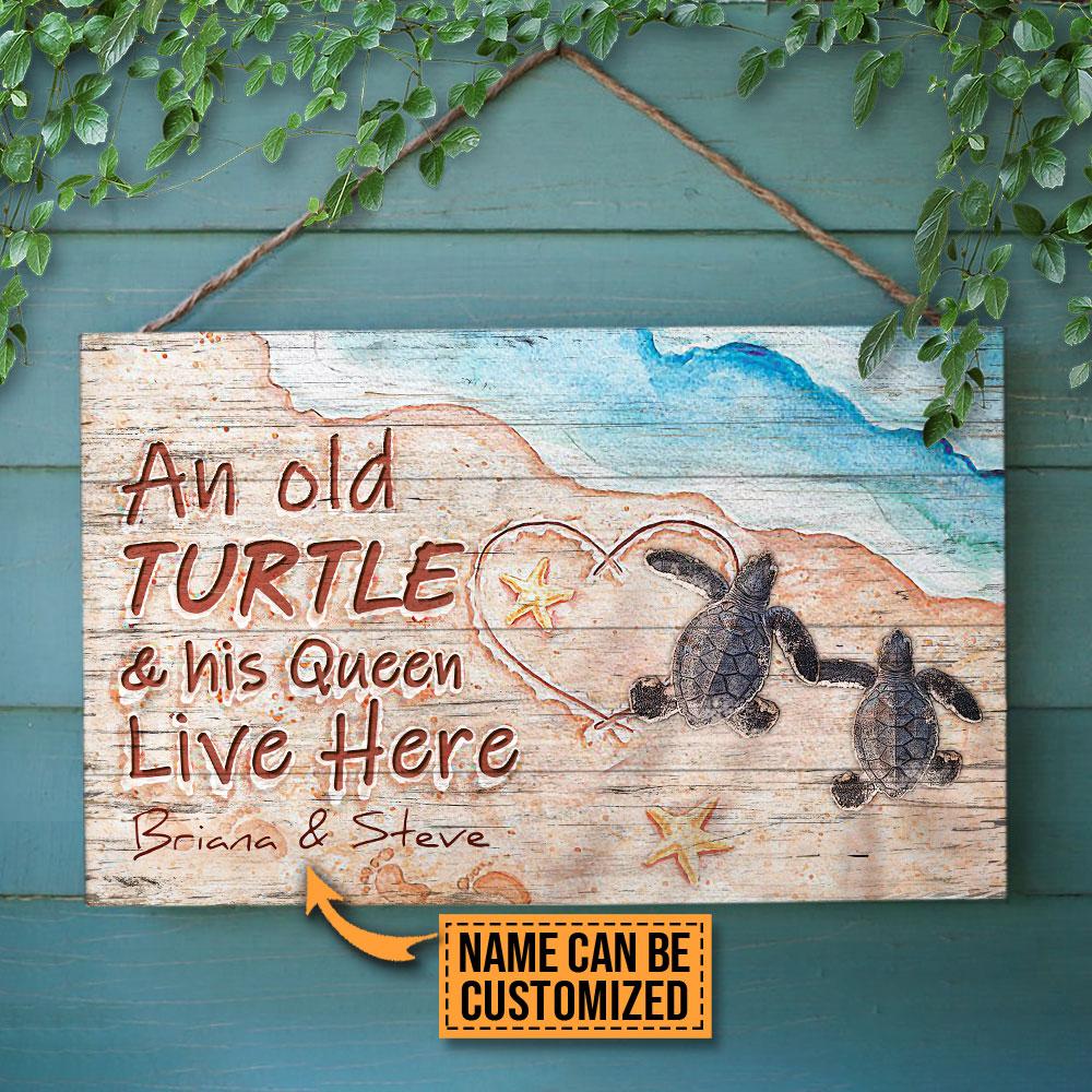 Personalized Sea Turtle Couple Live Here Customized Wood Rectangle Sign