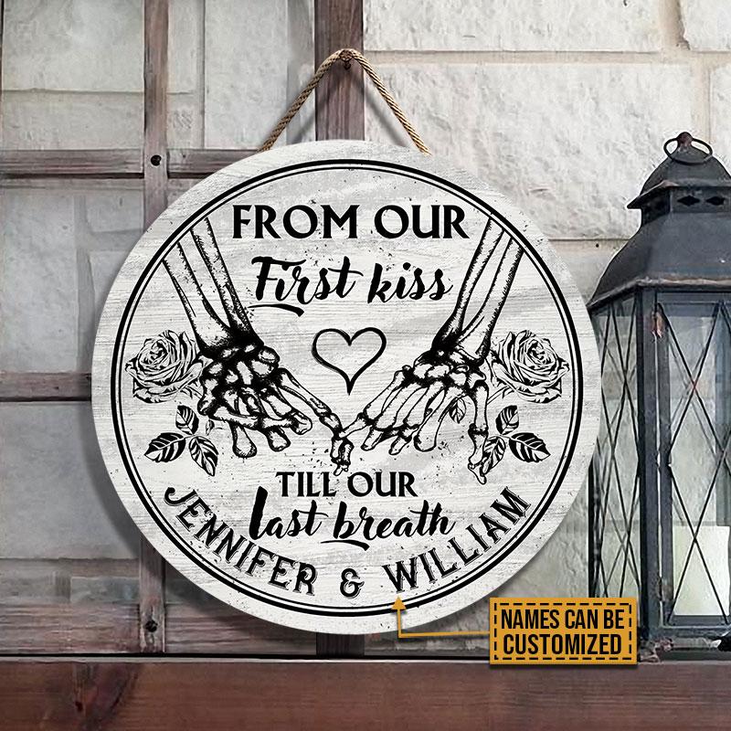 Personalized Skeleton Hands From Our First Kiss Customized Wood Circle Sign