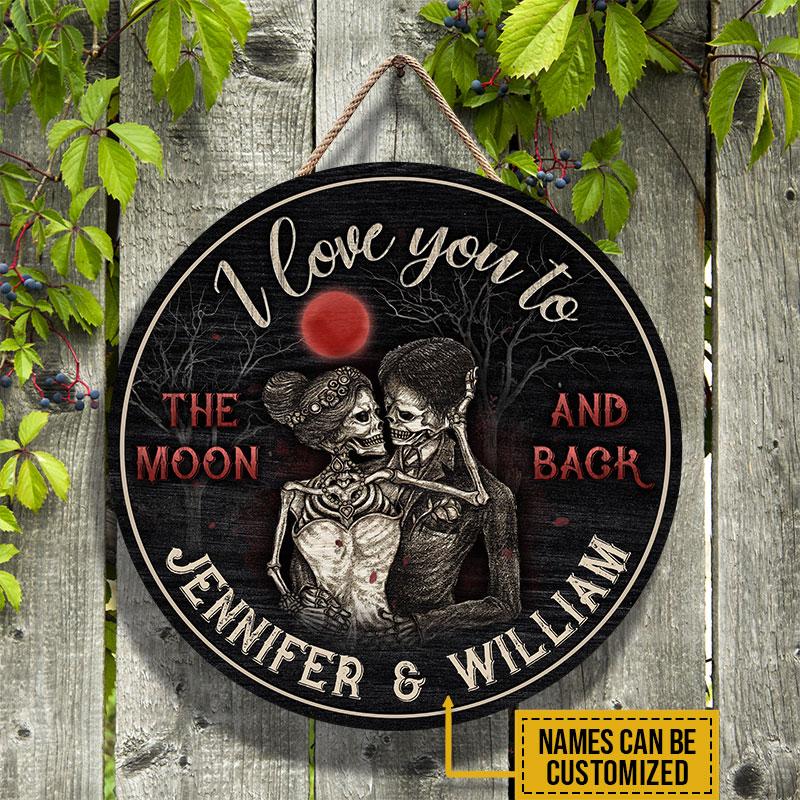 Personalized Skeleton I Love You To The Moon And Back Customized Wood Circle Sign