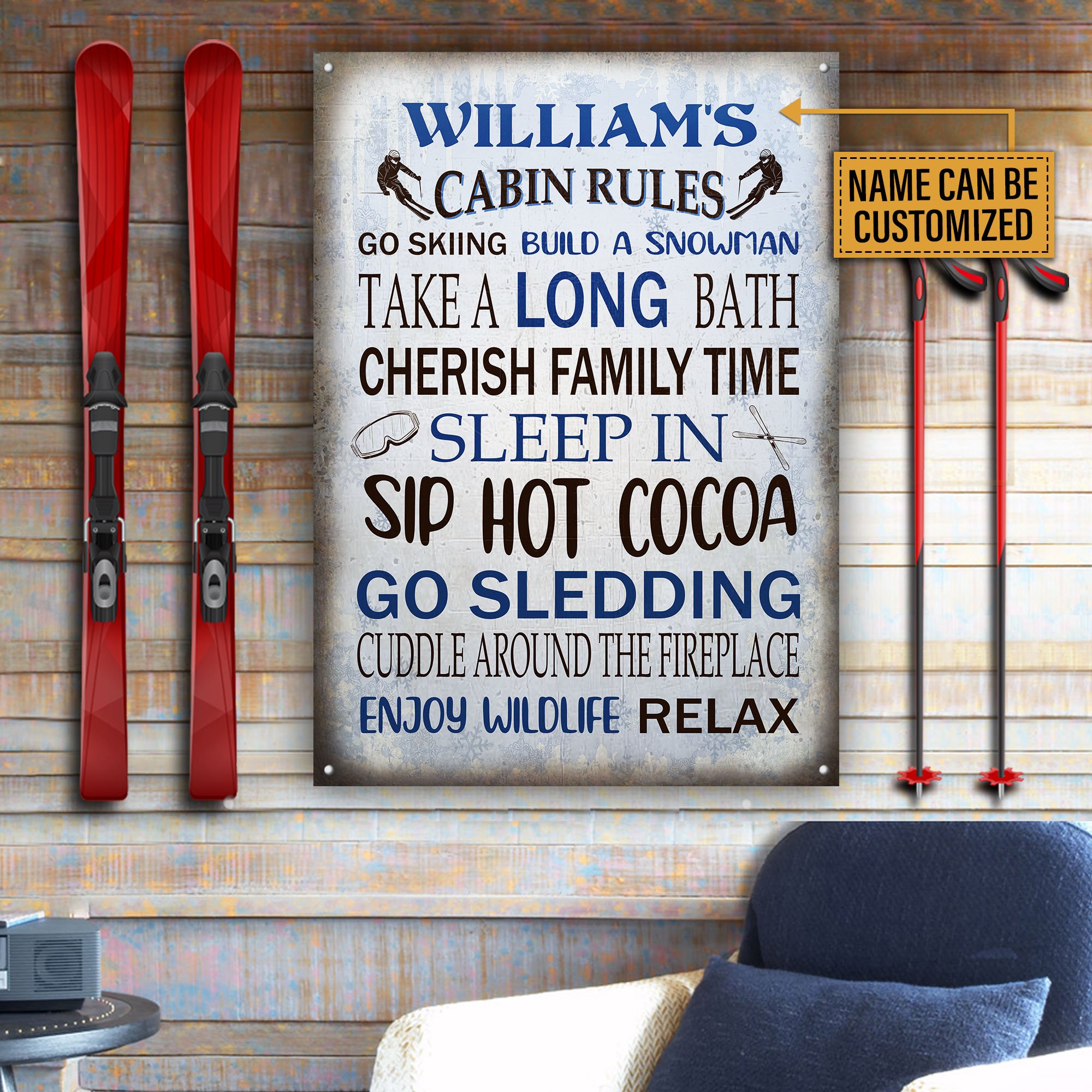 Personalized Skiing Cabin Rules Customized Classic Metal Signs
