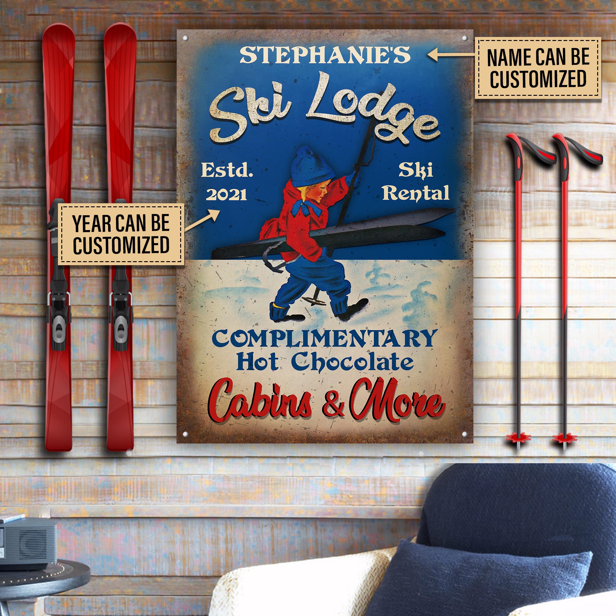 Personalized Skiing Complimentary Hot Chocolate Customized Classic Metal Signs