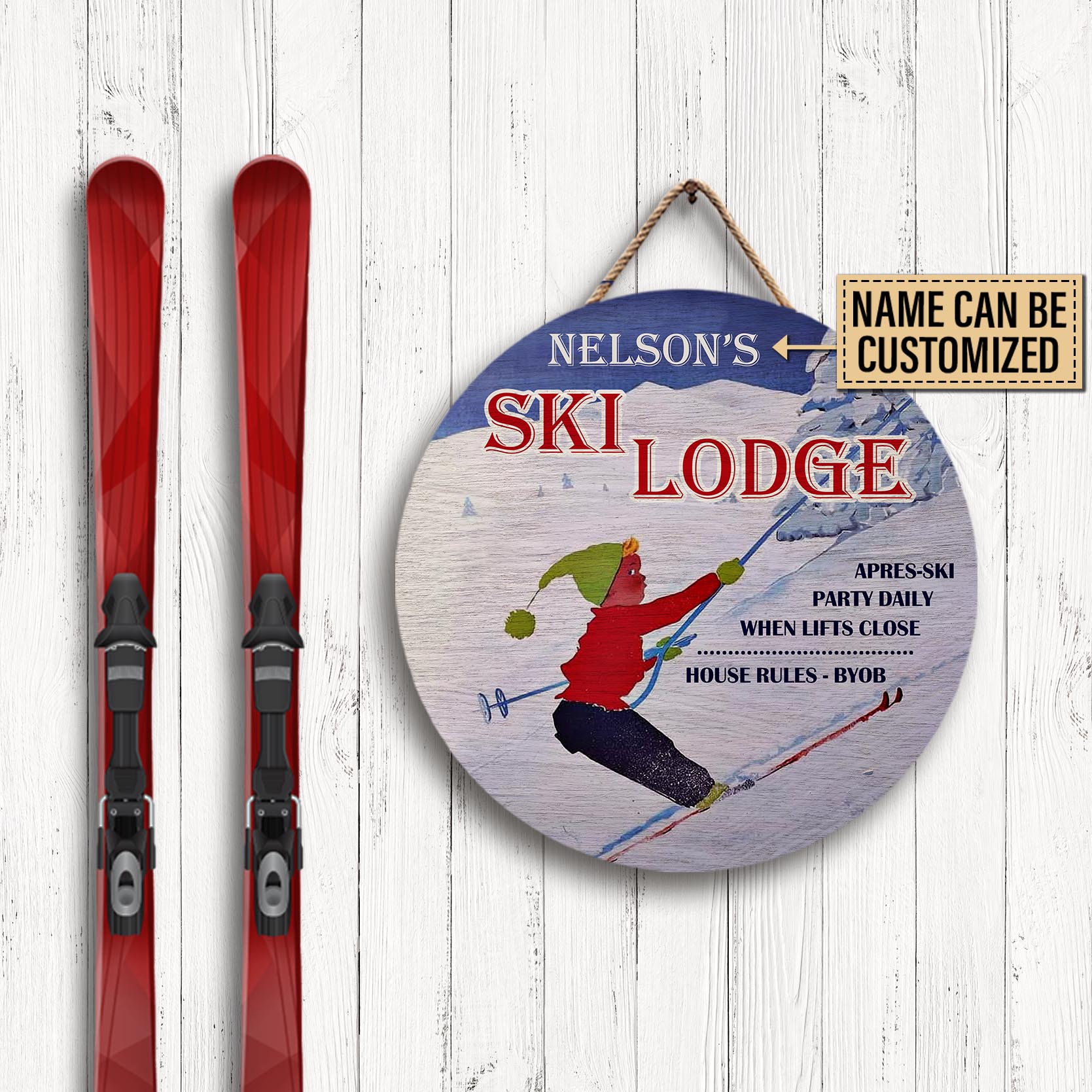 Personalized Skiing Ski Lodge Customized Wood Circle Sign