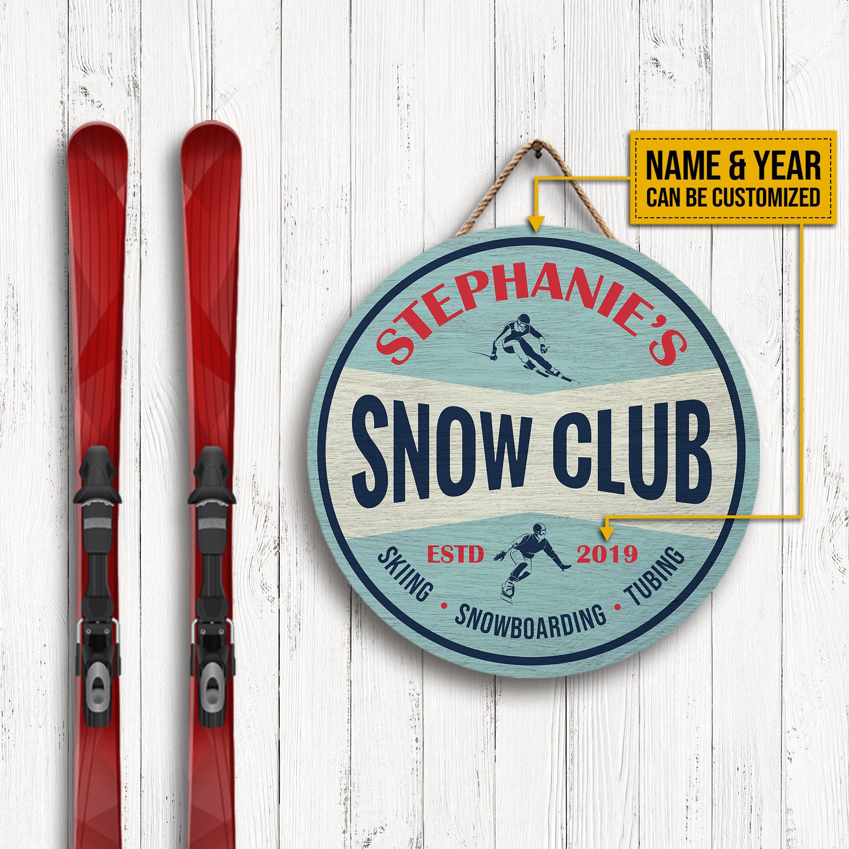 Personalized Skiing Snow Club Customized Wood Circle Sign
