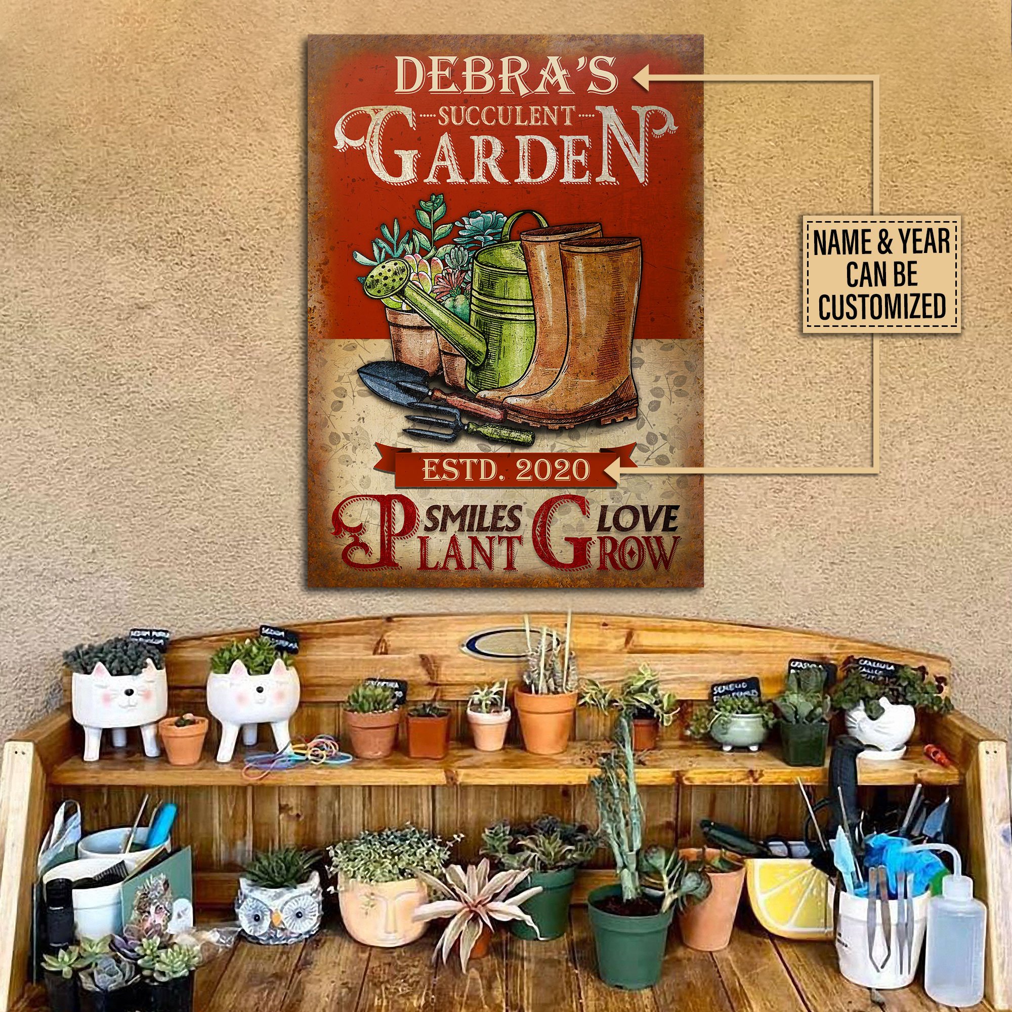 Personalized Succulent Plant Smiles Grow Love Red Customized Classic Metal Signs