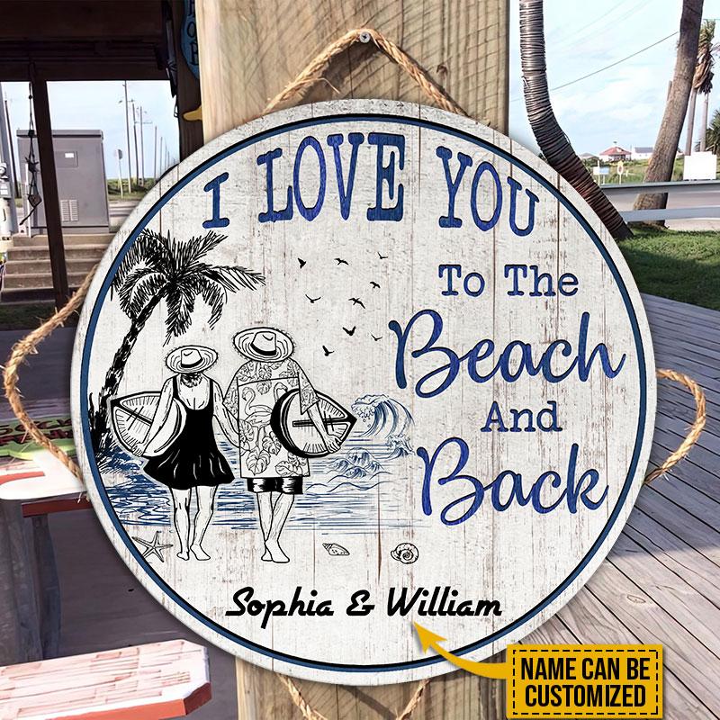 Personalized Surfing I Love You To The Beach And Back Customized Wood Circle Sign