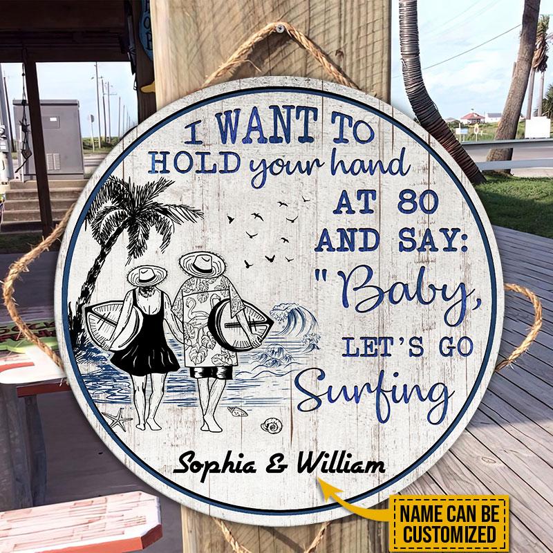 Personalized Surfing Let's Go Surfing Customized Wood Circle Sign