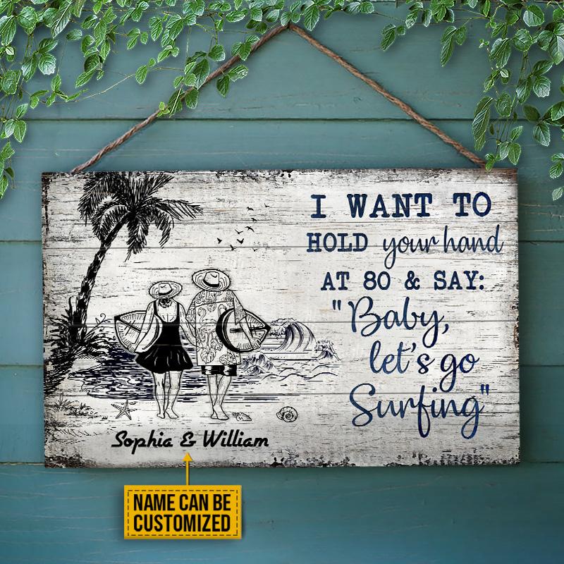 Personalized Surfing Let's Go Surfing Customized Wood Rectangle Sign
