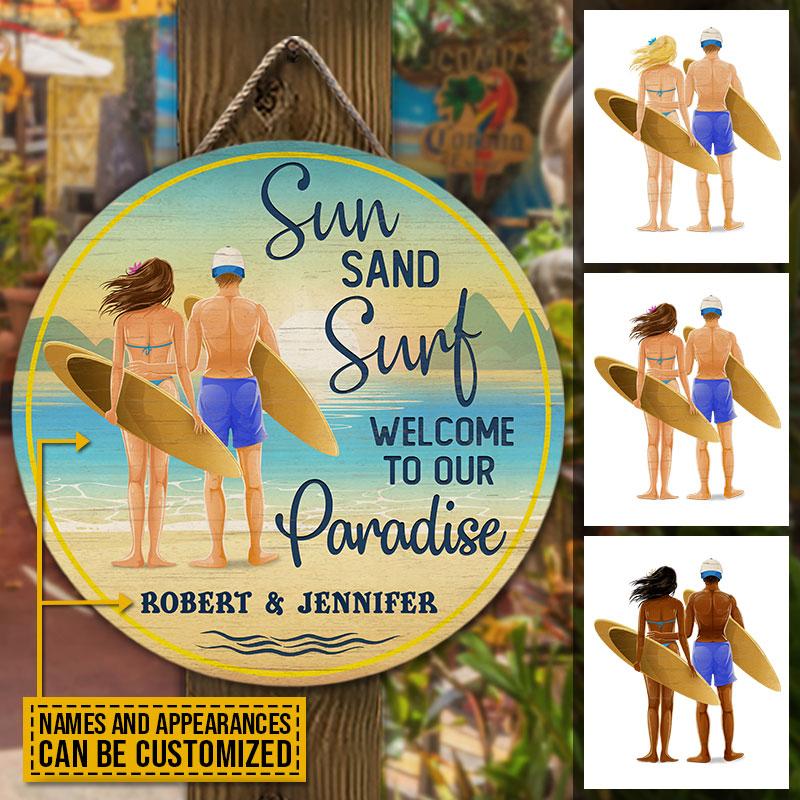 Personalized Surfing Retro Couple Welcome Custom Wood Circle Sign